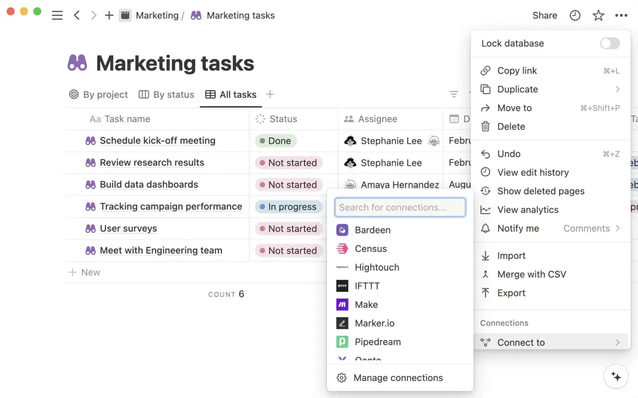 Interface Notion avec une liste de tâches marketing. Un menu contextuel affiche des options comme "Connect to" pour gérer les connexions, suggérant l'utilisation de la notion api.