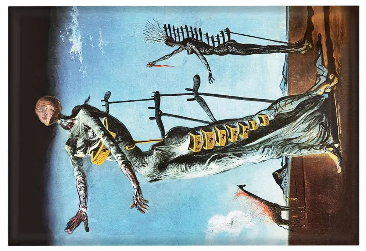 Surrealistyczny obraz z płonącą żyrafą w tle. Postać ludzka w agonii, podtrzymywana przez stelaże, jakby z wiersza.