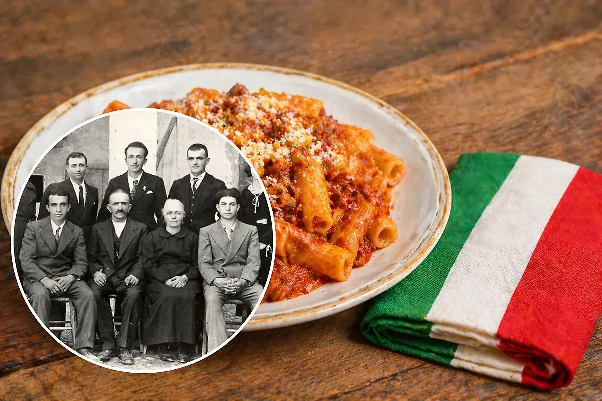Un piatto di pastasciutta antifascista, con una foto d'epoca di una famiglia italiana e un fazzoletto tricolore.