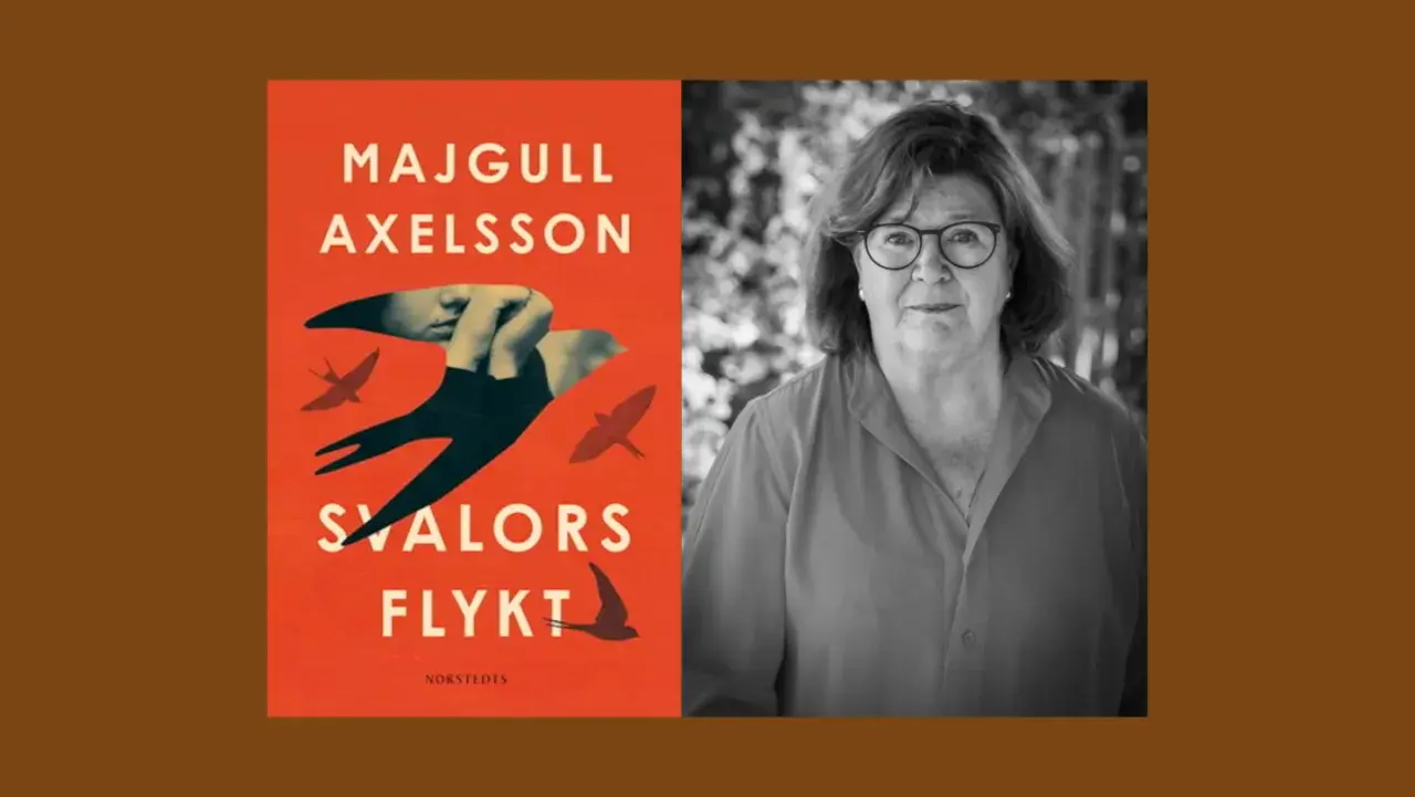Majgull Axelsson, författaren till "Svalors flykt", porträtterad bredvid bokomslaget.