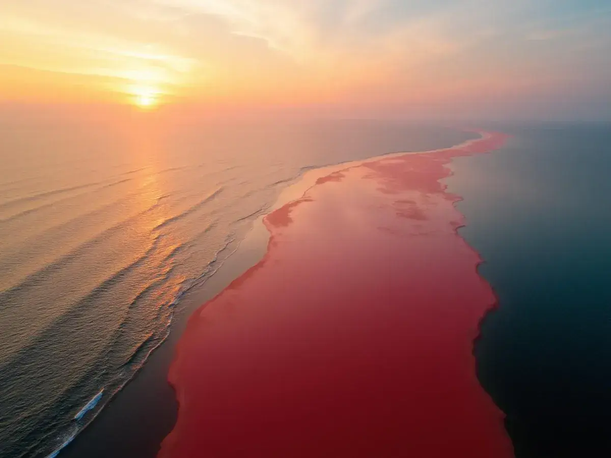 Zachód słońca nad oceanem, gdzie woda przybiera intensywnie różowy kolor. Tak wyglądają sinice, tworząc niezwykły krajobraz.