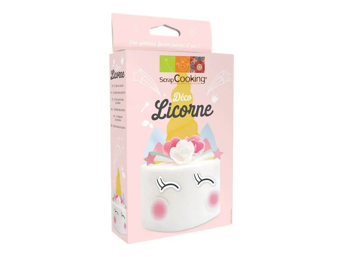 Boîte de décorations pour gâteaux licorne. Une feuille azyme est incluse pour créer des pâtisseries magiques.