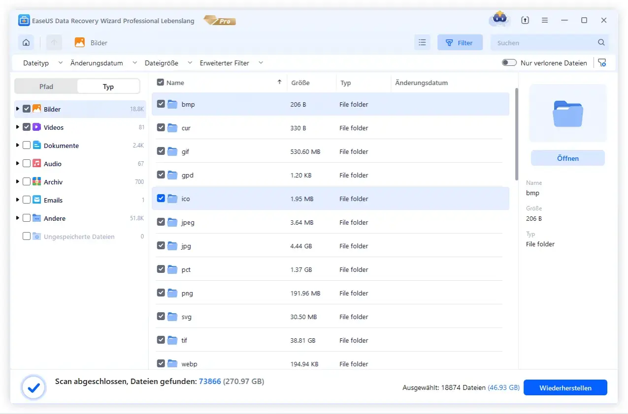 EaseUS Data Recovery Wizard zeigt Ordner mit Bilddateitypen an, nachdem ein smart hard disk error Scan abgeschlossen wurde.