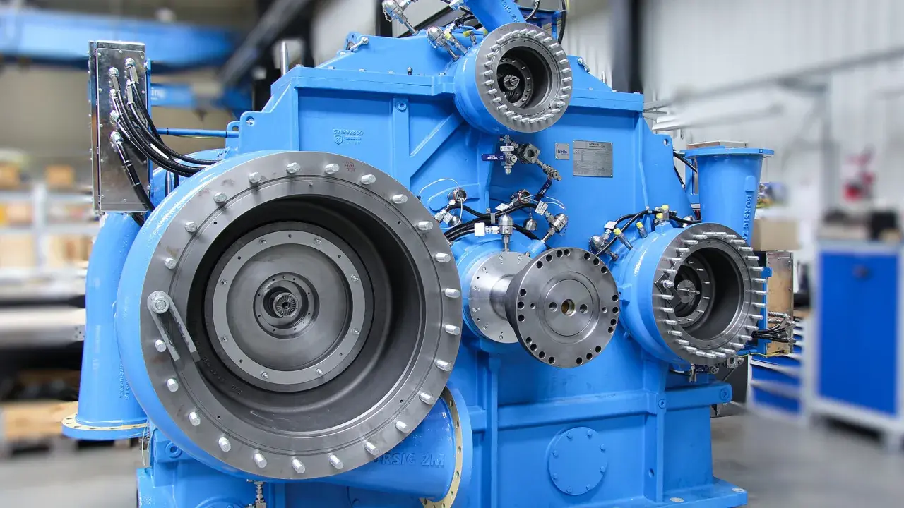 Compresor industrial azul, modelo BORSIG ZM, cumpliendo la norma API 617. Múltiples bridas y conexiones visibles.