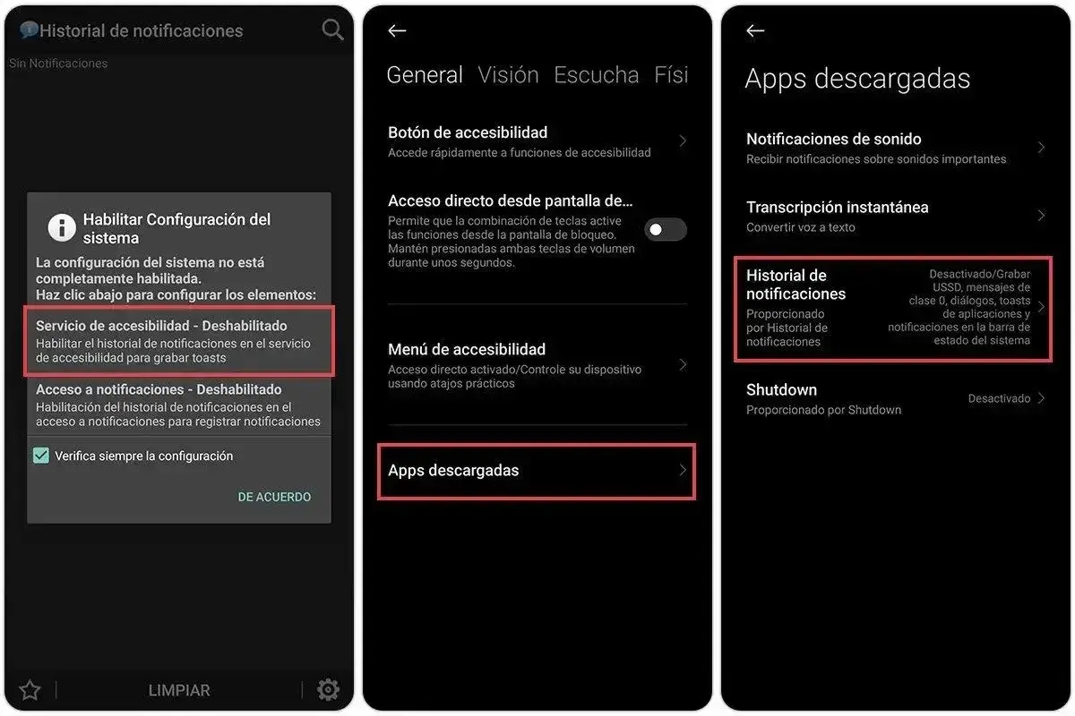 Ekran ustawień telefonu z opcją "Historial de notificaciones" (Historia powiadomień), która pozwala na zapisywanie wiadomości i powiadomień.