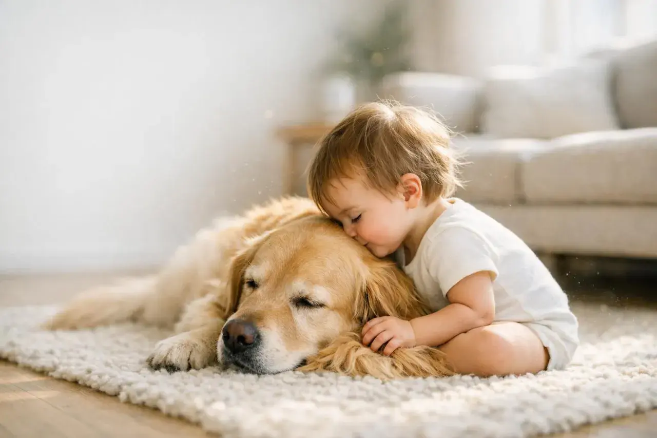 Bambino abbraccia un cane dorato, un'immagine di affetto che non deve far dimenticare le possibili malattie trasmesse dai cani ai bambini.