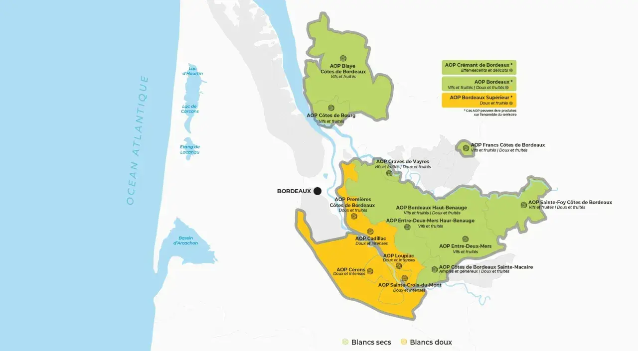 Carte des appellations de Bordeaux, incluant les Graves de Vayres, avec leurs zones de production et types de vins.