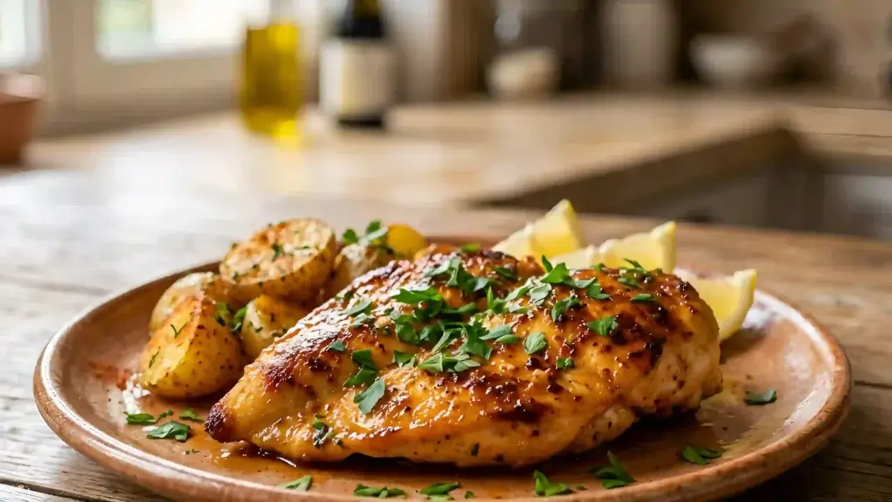 Une escalope de poulet dorée et juteuse, garnie de persil frais, servie avec des pommes de terre rôties et des quartiers de citron.