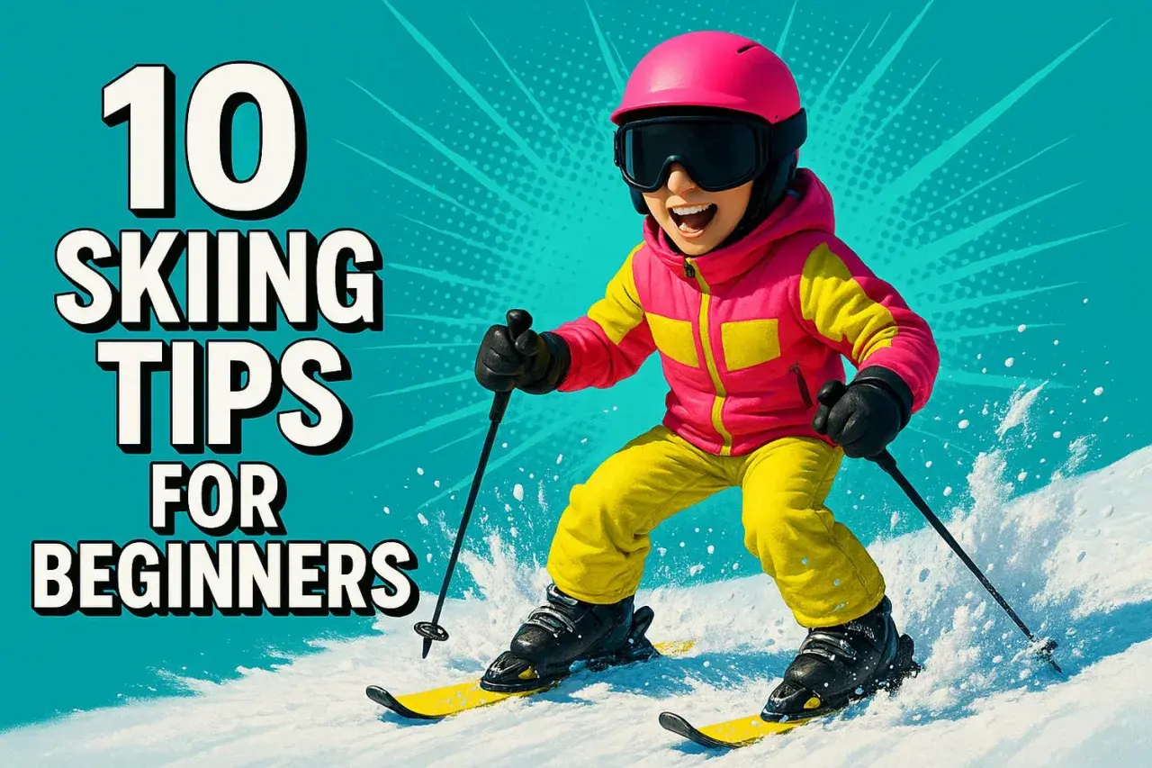 Dziecko w różowym kasku i goglach uczy się, jak jeździć na nartach. Na ekranie widnieje napis "10 Skiing Tips for Beginners".