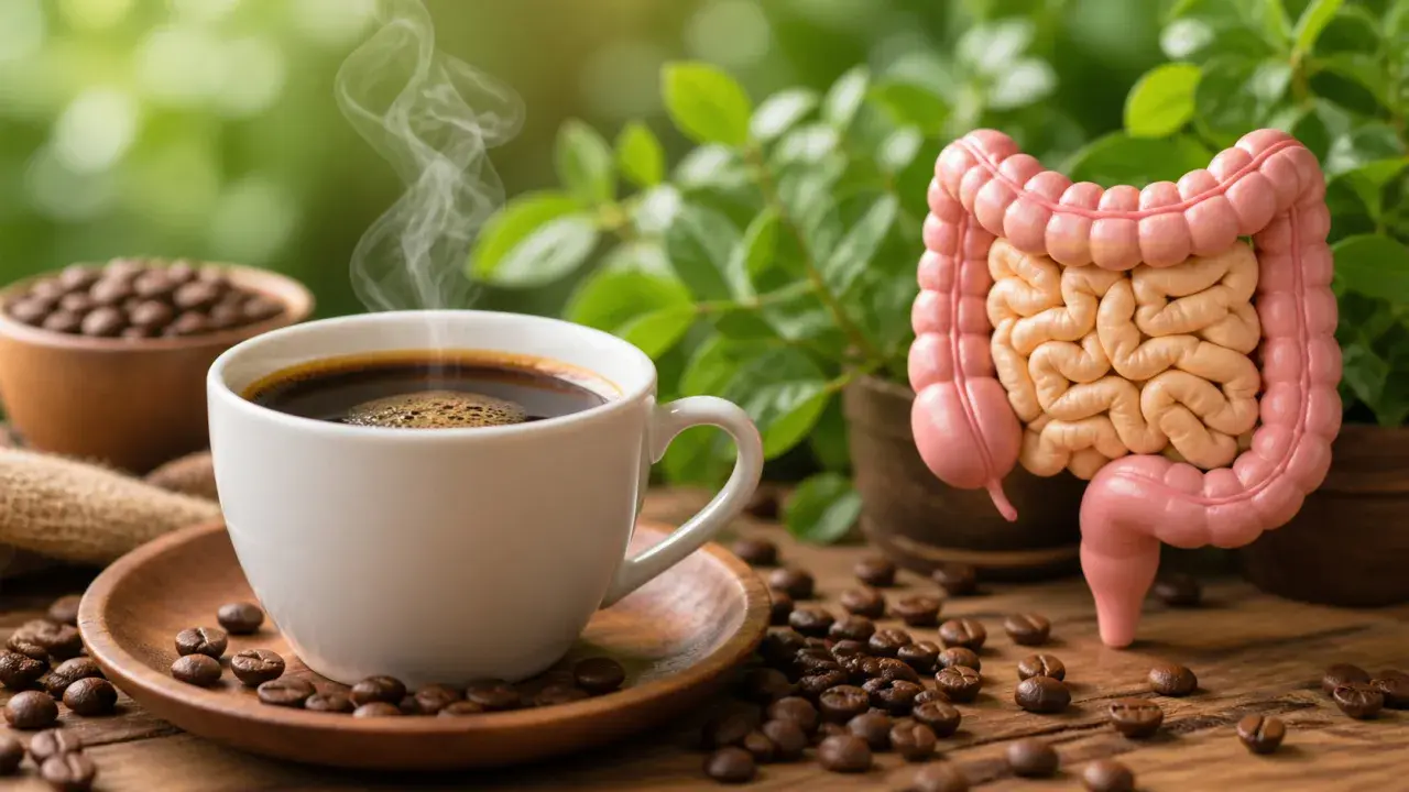 Tazza di caffè fumante accanto a un modello di intestino, con chicchi di caffè sparsi. Un'immagine che evoca il legame tra caffè e stitichezza.