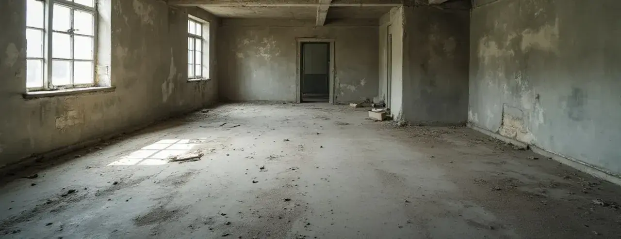 Leeres, staubiges Zimmer mit Fenstern und einer offenen Tür. Die Beton-Decke und die Wände deuten auf einen Altbau hin, der auf Renovierung wartet.