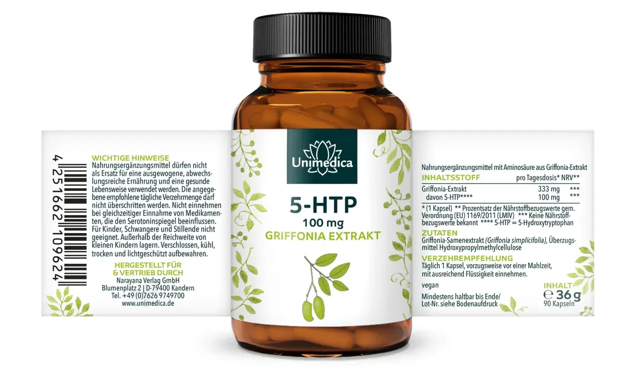 Flasche mit 90 Kapseln 5-HTP aus Griffonia-Extrakt. Die Griffonia-Wirkung wird durch die Aminosäure 5-HTP unterstützt. Vegan.