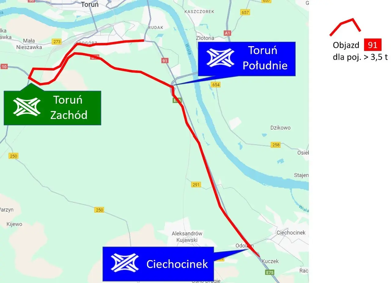 Mapa drogowa z zaznaczonymi objazdami Toruń Zachód i Toruń Południe, prowadzącymi do Aleksandrów Kujawski i Ciechocinek.