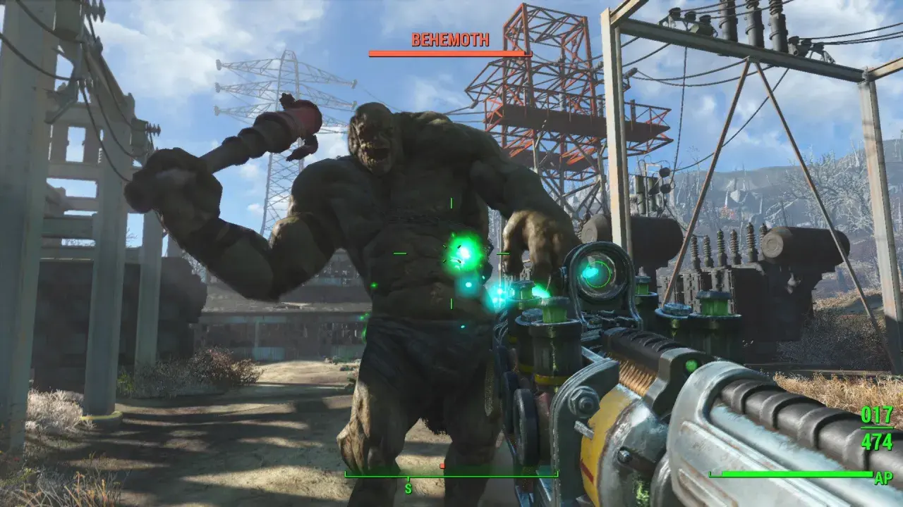 Gracz celuje w Behemota z pistoletu w Fallout 4. Gra wymaga odpowiedniego sprzętu, by poradzić sobie z takimi potworami.