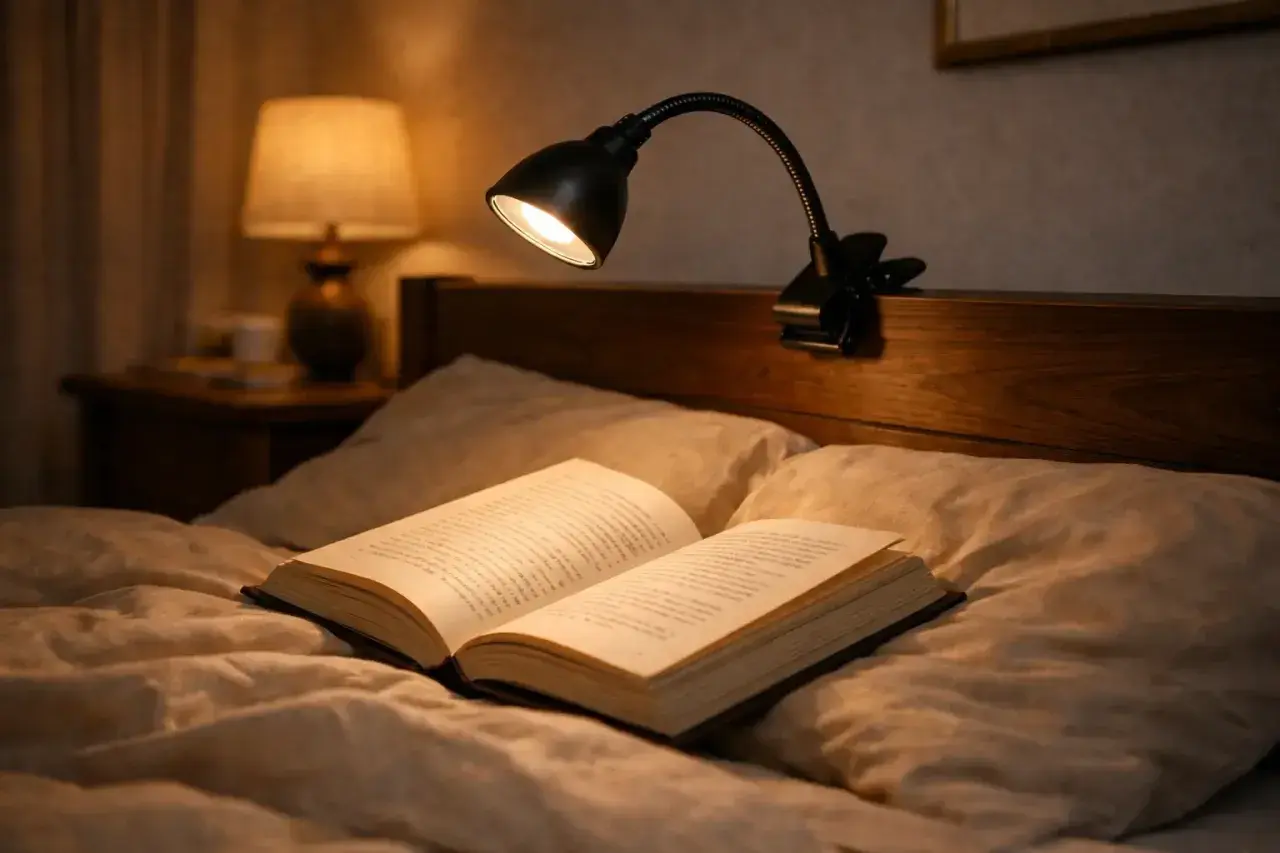 Un libro abierto descansa sobre almohadas, iluminado por un foco pinza negro.