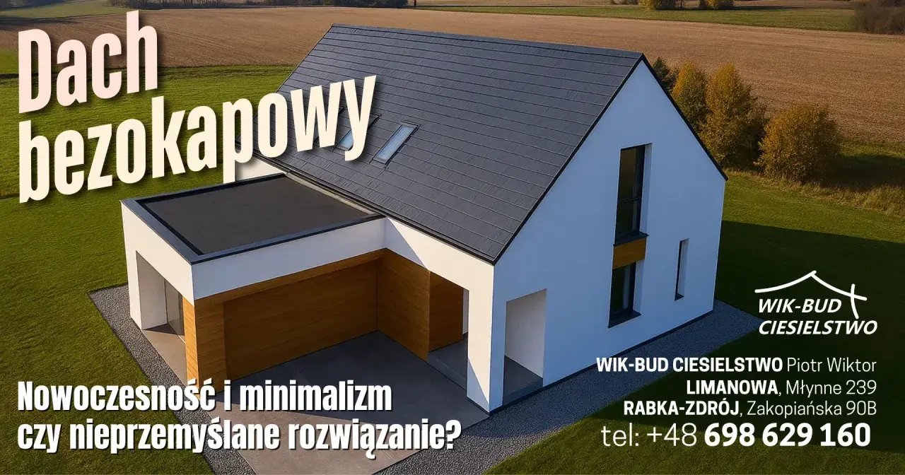 Nowoczesny dom z dachem bezokapowym, podkreślający minimalizm i innowacyjną konstrukcję.