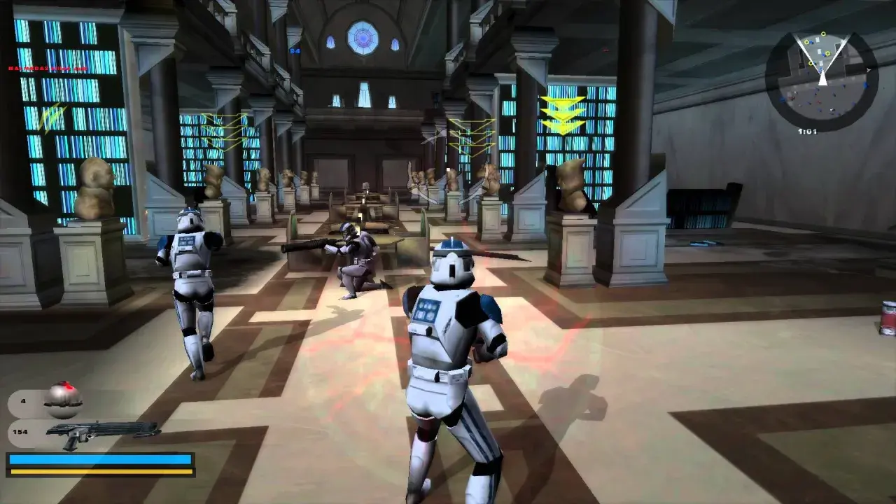 Żołnierze galaktyczni w grze Battlefront 2 PS5 walczą w bibliotece pełnej posągów i książek.