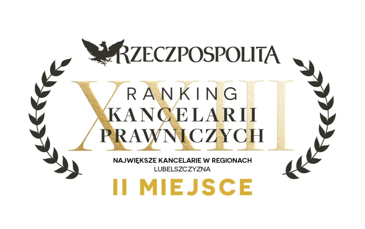 Grafika z godłem Polski, wieńcem laurowym i napisem "Ranking Kancelarii Prawniczych II Miejsce".
