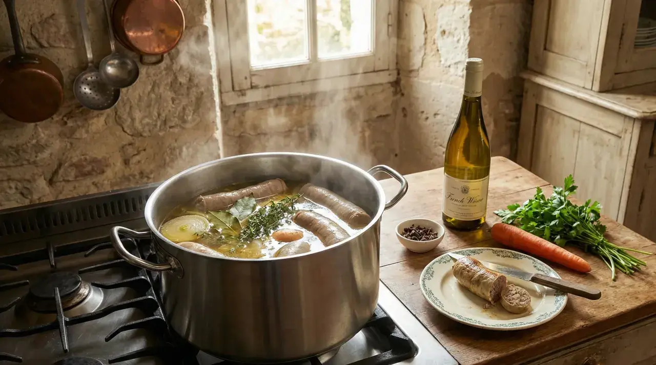 Une andouillette rotie, prête à être dégustée, mijote dans une cocotte avec des aromates. Une bouteille de vin blanc et des légumes complètent la scène.