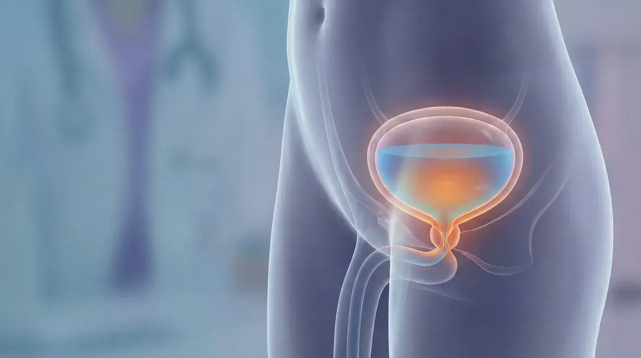 Illustrazione anatomica della vescica piena, con accenni a possibili rimedi naturali per svuotare la vescica.