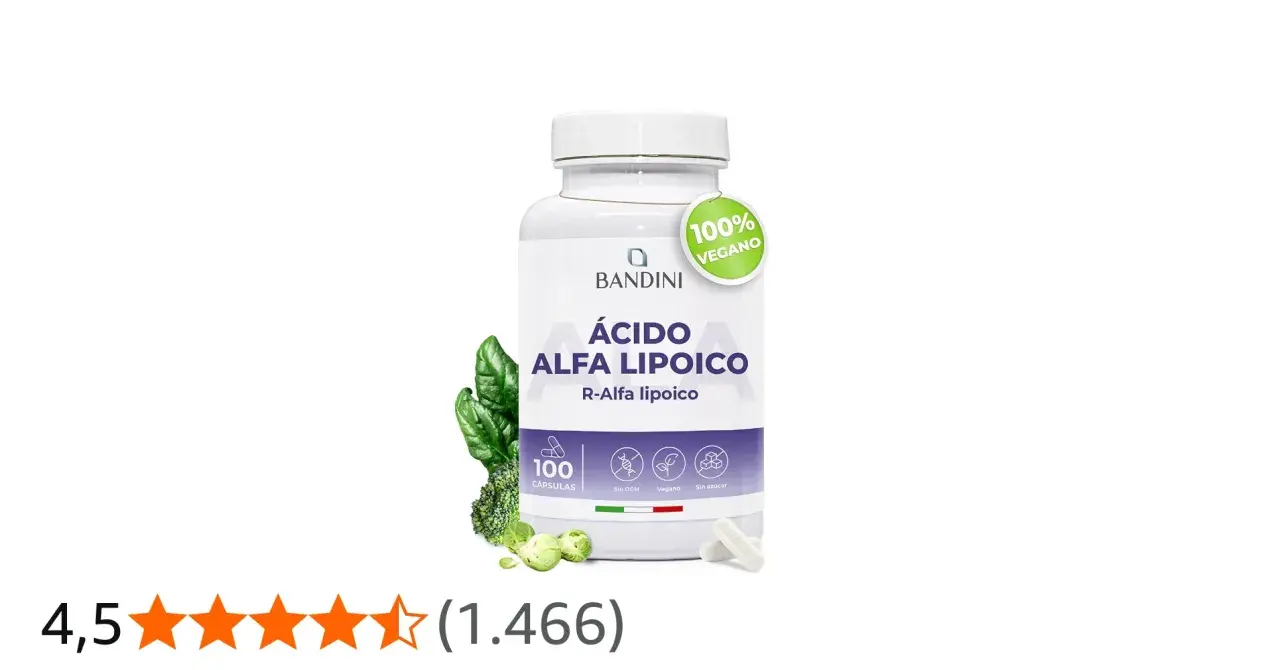 Bote de ácido alfa lipoico vegano de Bandini, 100 cápsulas. Con espinacas y brócoli.