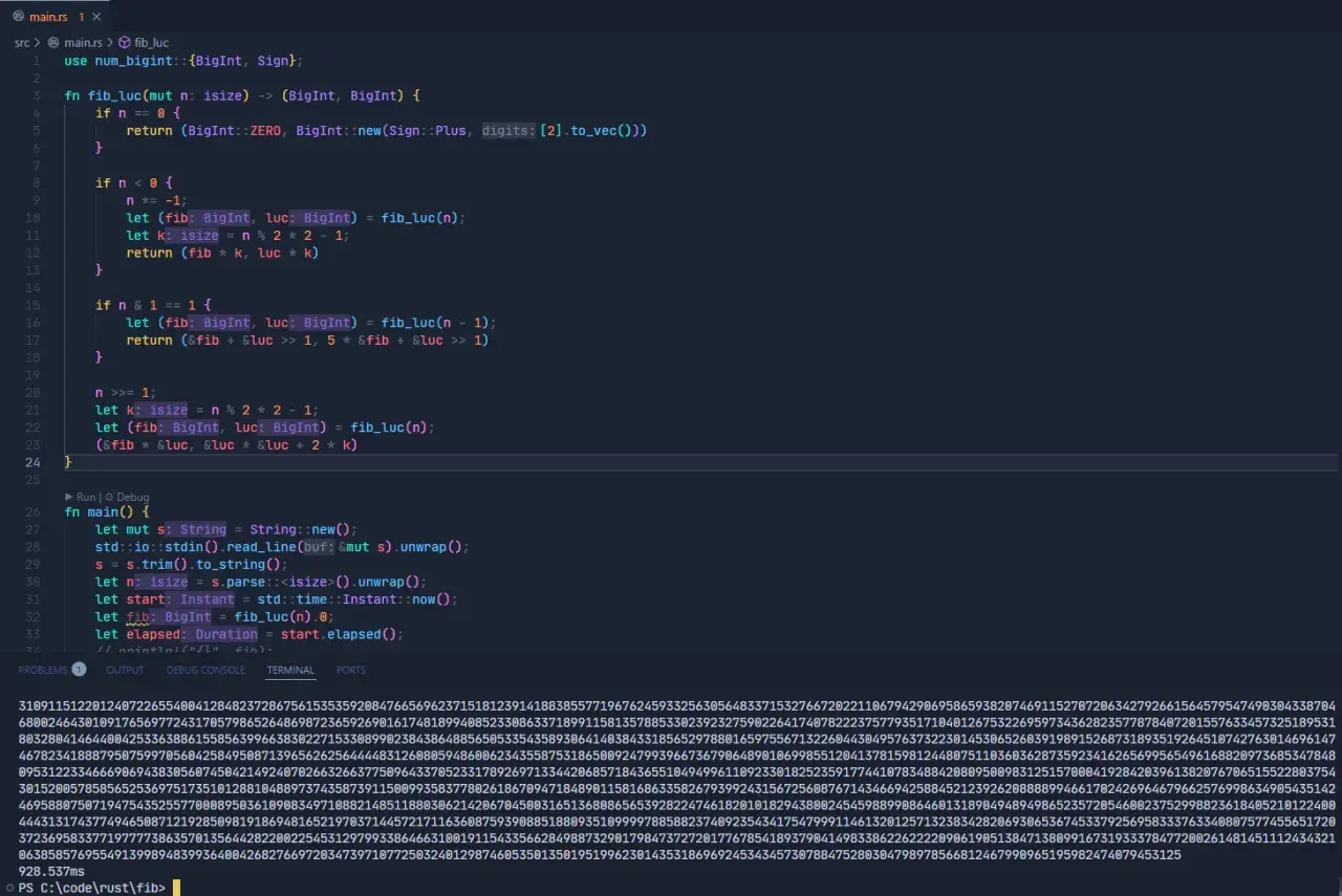 Code Rust implémentant la suite de Fibonacci avec `num_bigint`. Le code utilise une approche récursive pour calculer les nombres de Fibonacci.