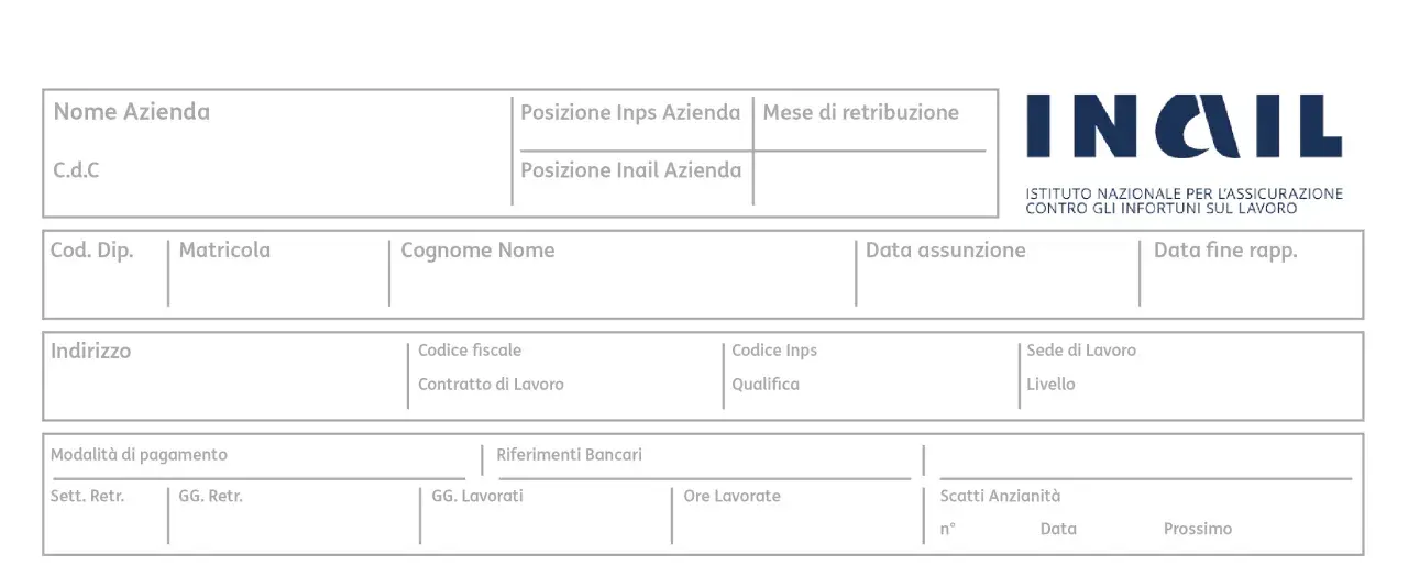 Modello di busta paga con campi per dati aziendali, anagrafici e retributivi, con logo INAIL.