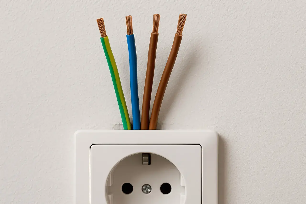 Cztery przewody wychodzące z białego gniazdka elektrycznego. Zastanawiasz się, jaki kabel do gniazdek?