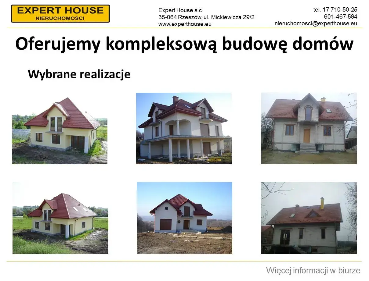 Sześć zdjęć domów w różnym stanie budowy, z logo "Expert House Nieruchomości".