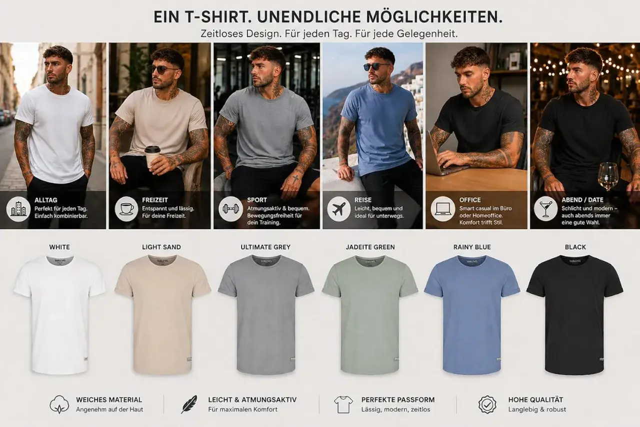 T-Shirts für jede Gelegenheit: ab wie viel Grad T-Shirt tragen? Diese vielseitigen Shirts sind perfekt für Alltag, Freizeit, Sport, Reisen, Büro und Abend.