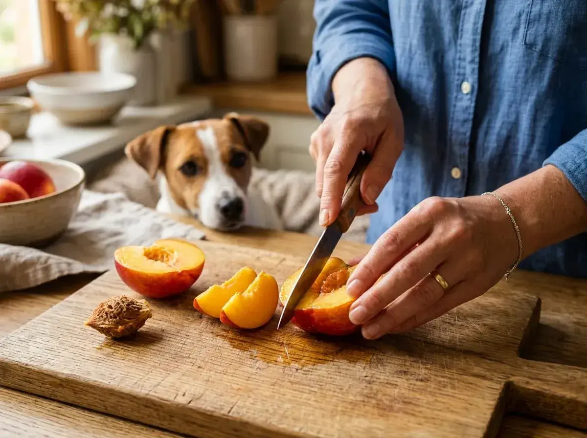 A person cuts nectarines on a wooden board, while a Jack Russell terrier watches, perhaps wondering if dogs have nectarines.
