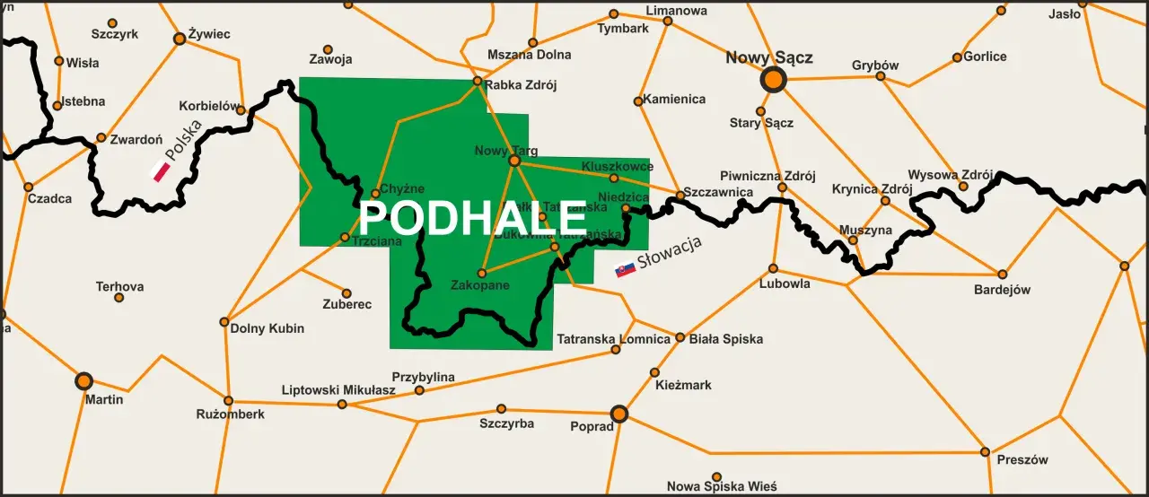Mapa pokazuje, gdzie jest Podhale, z zaznaczonymi miastami jak Zakopane, Nowy Targ i Kluszkowce, oraz drogami łączącymi Polskę ze Słowacją.