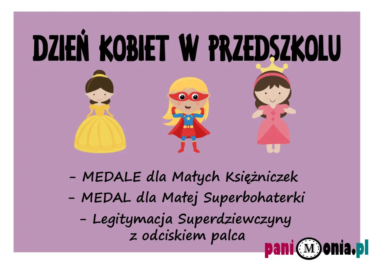 Ilustracja z trzema dziewczynkami: księżniczką, superbohaterką i królewną, z tekstem o Dniu Kobiet.