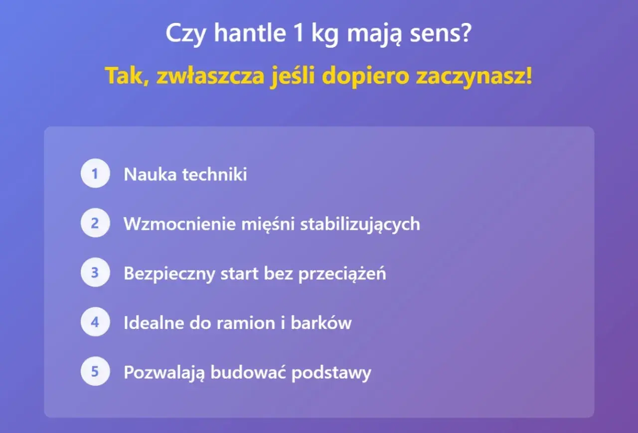 Jakie hantle na początek? 1 kg to świetny wybór do nauki techniki, wzmocnienia mięśni stabilizujących i bezpiecznego startu bez przeciążeń.