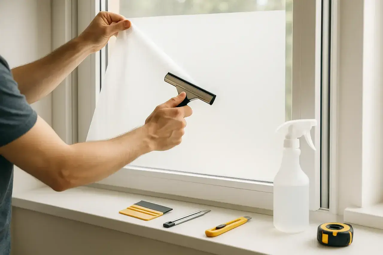 Mann bringt Fensterfolie an, glättet sie mit einem Rakel. Werkzeuge wie Cutter, Sprühflasche und Maßband liegen bereit.