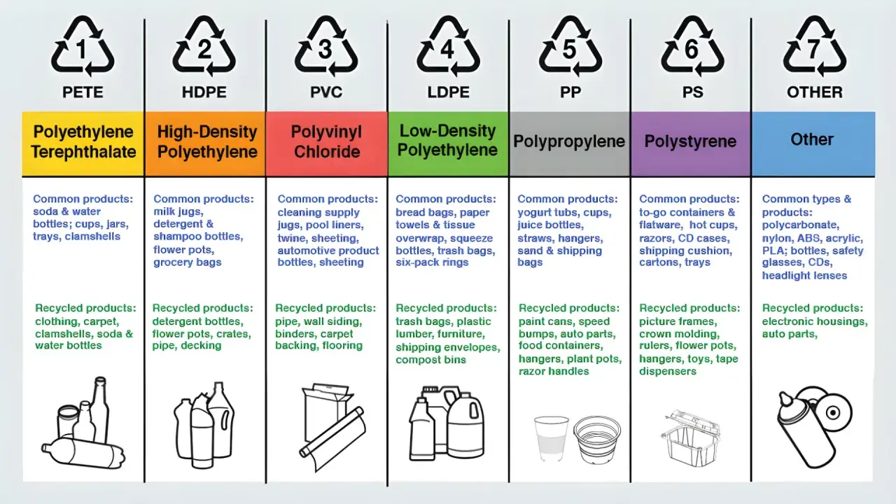 Symbole na pojemnikach plastikowych: PETE, HDPE, PVC, LDPE, PP, PS, OTHER. Poznaj ich zastosowanie i recykling.