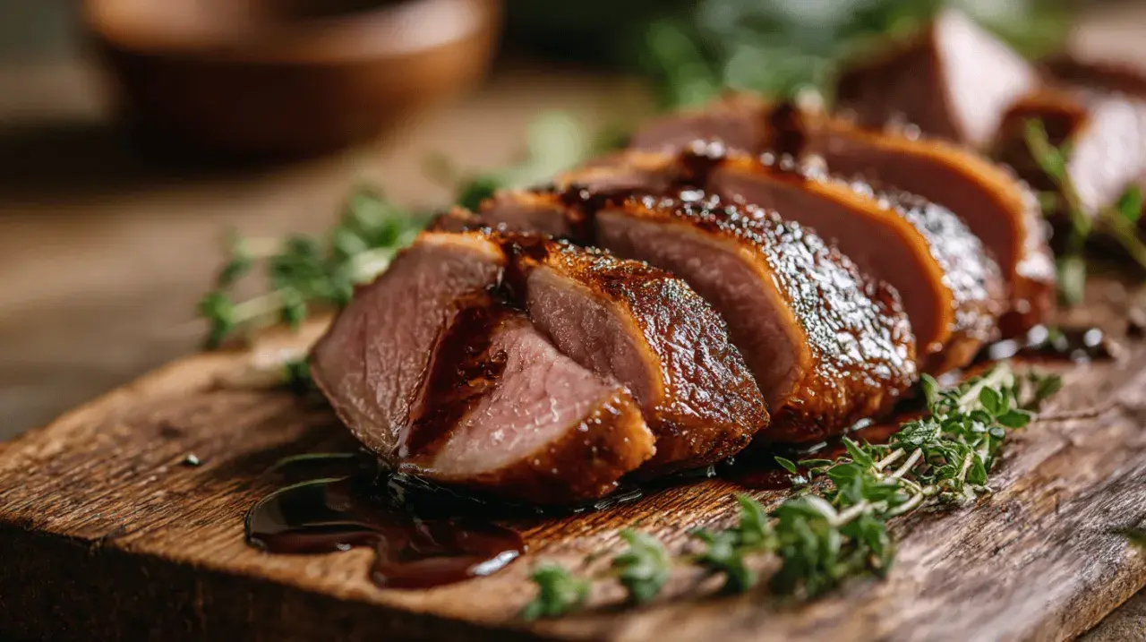 Tranches de magret de canard juteux, nappées d'une sauce brillante, disposées sur une planche en bois rustique avec des herbes fraîches.