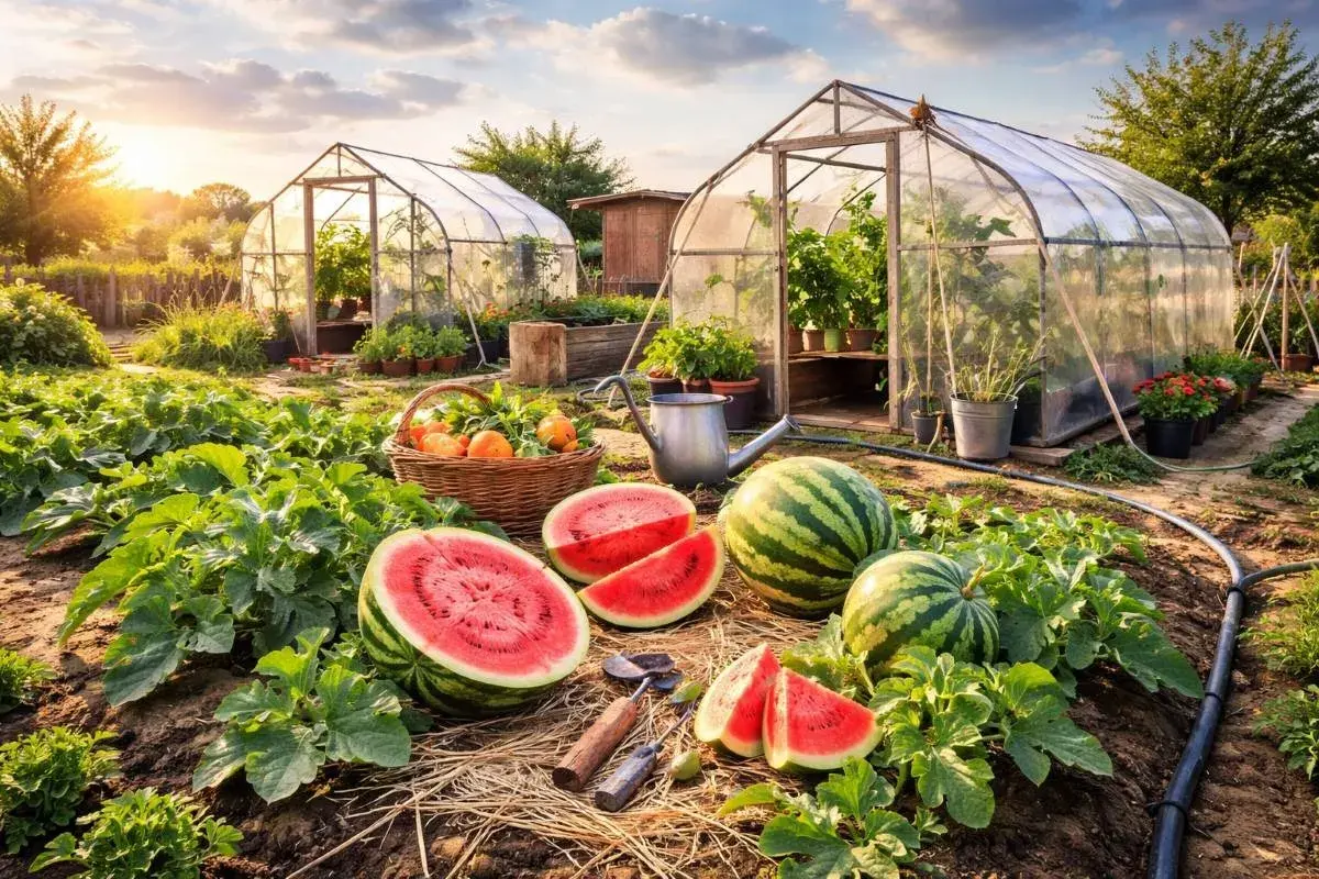 Sonnenuntergang über einem Garten mit Gewächshäusern, wo man erfolgreich **melonen anbauen** kann. Reife Wassermelonen liegen auf dem Boden.