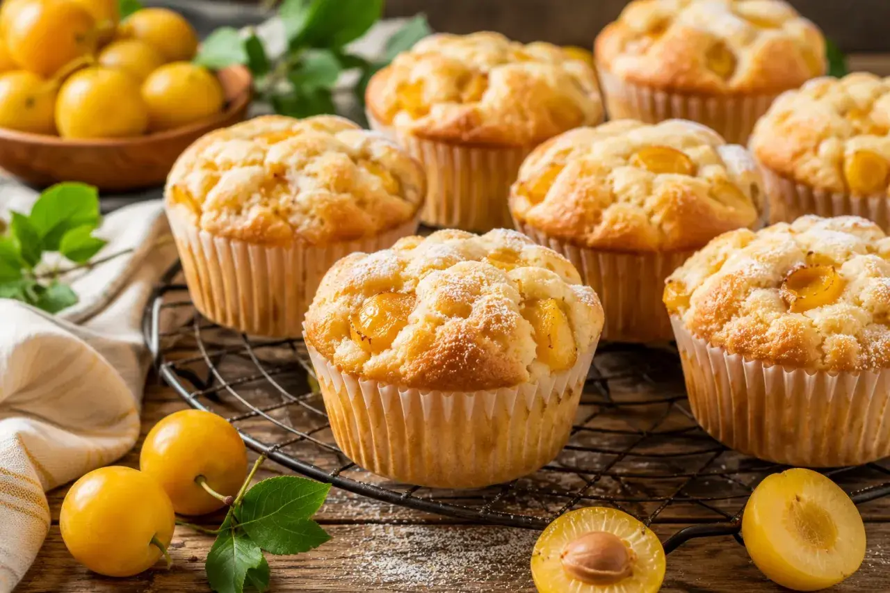 Saftige mirabellen muffins, bestäubt mit Puderzucker, auf einem Gitter. Frische Mirabellen liegen daneben.