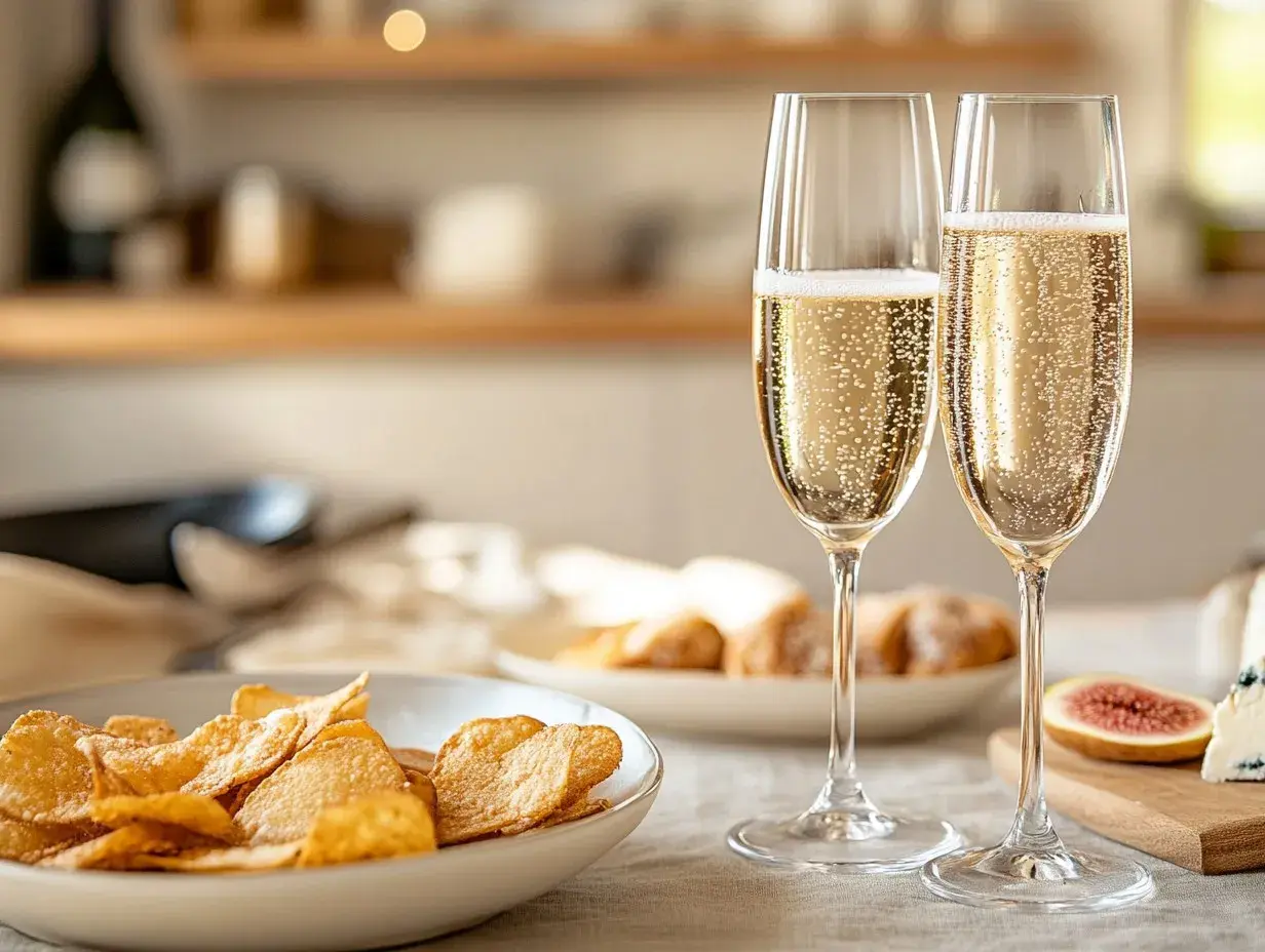 Två glas bubbel med krispiga potatischips och en bit ost. Perfekt tilltugg till bubbel för en festlig stund.