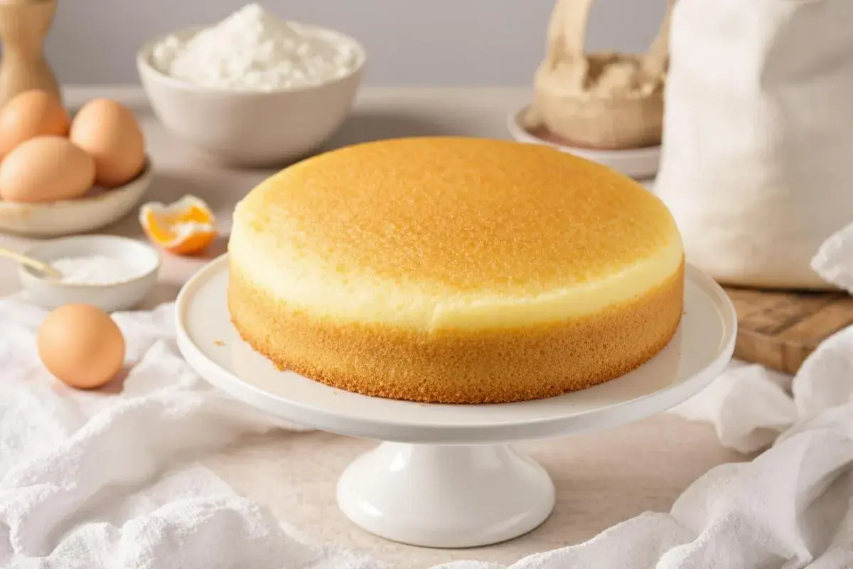 Un gâteau moelleux sur un présentoir blanc, entouré d'ingrédients pour une recette de gâteau : œufs, sucre, farine.