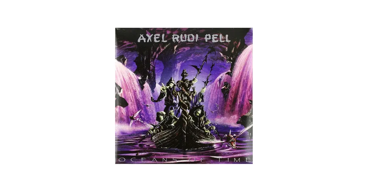 Okładka albumu "Oceans of Time" Axela Rudiego Pella. Mroczna łódź z postaciami w kapturach płynie przez fioletowe wodospady.