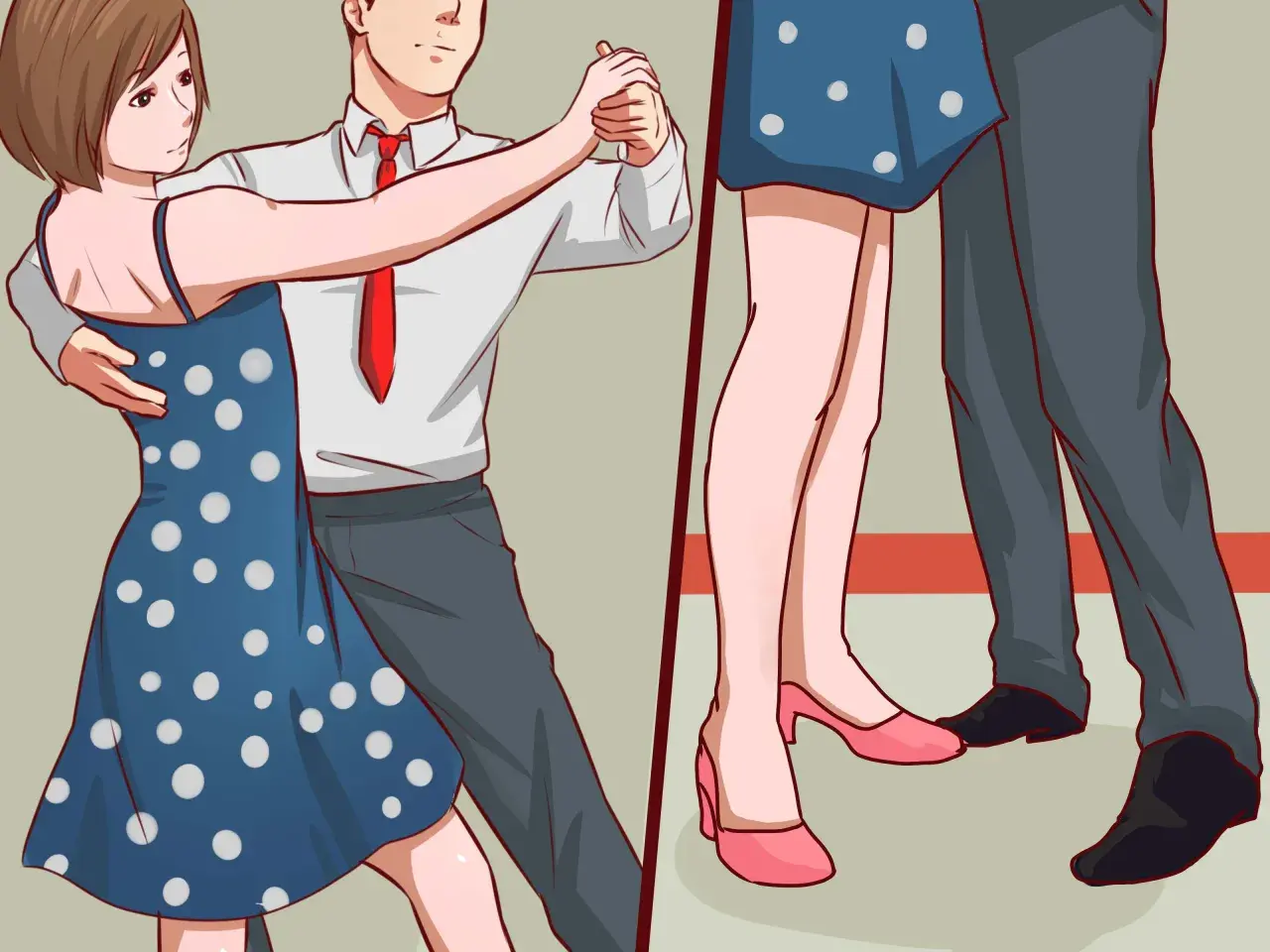 Coppia che balla il samba, lei con un vestito blu a pois, lui con camicia bianca e cravatta rossa. I loro piedi si muovono con grazia.