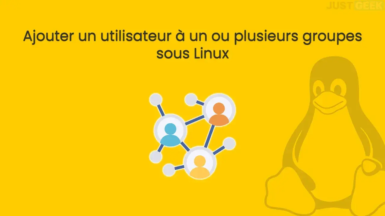 Ajouter un utilisateur à un groupe sudo sous Linux. Icône de réseau social et pingouin Linux sur fond jaune.