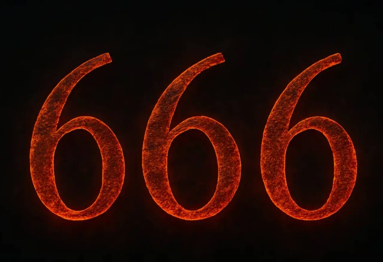 Pomarańczowe, żarzące się cyfry 666 na czarnym tle.