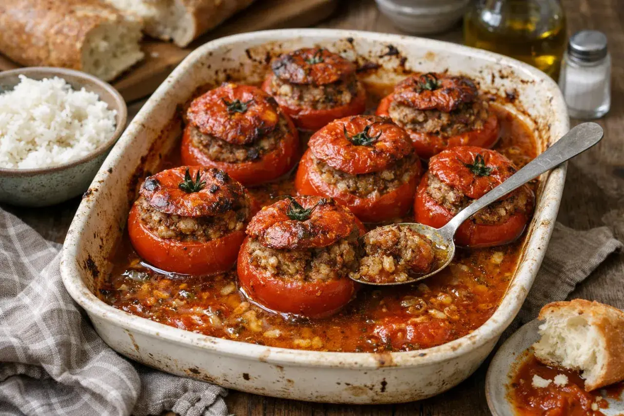 Un plat de tomates farcies appétissantes, garnies d'une farce savoureuse, baignant dans une sauce rouge. Une cuillère en argent prélève une portion généreuse.