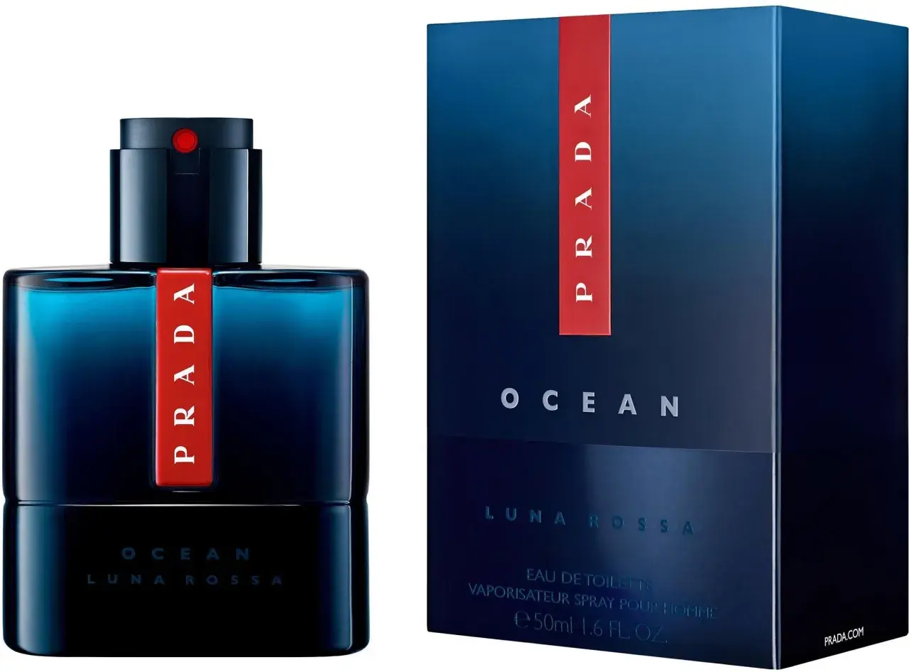 Prada Ocean 100ml, woda toaletowa dla mężczyzn. Elegancka butelka i opakowanie w odcieniach granatu.