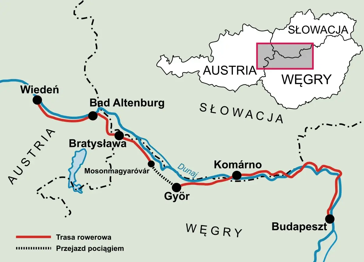 Mapa tras rowerowych i kolejowych wzdłuż Dunaju, od Wiednia przez Bratysławę i Győr do Budapesztu.
