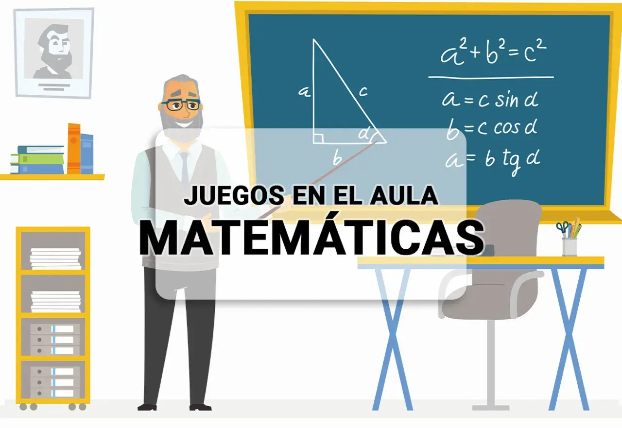 Un profesor sonriente explica fórmulas matemáticas en una pizarra, con estanterías y un retrato. ¡Son juegos de mates!