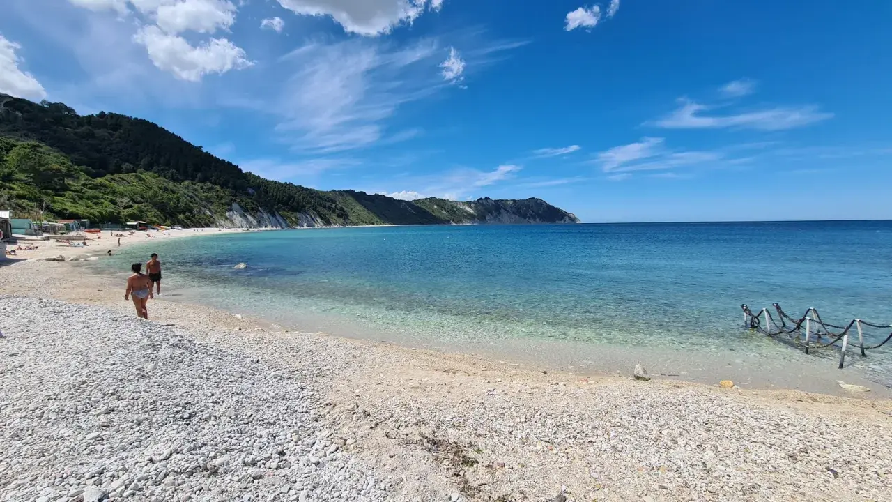 Spiaggia di Portonovo con il Monte Conero sullo sfondo. Acqua cristallina e cielo azzurro.